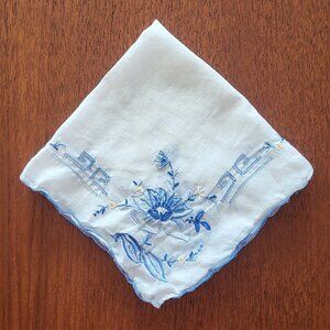 Vintage handkerchief with blue embroidered flowers